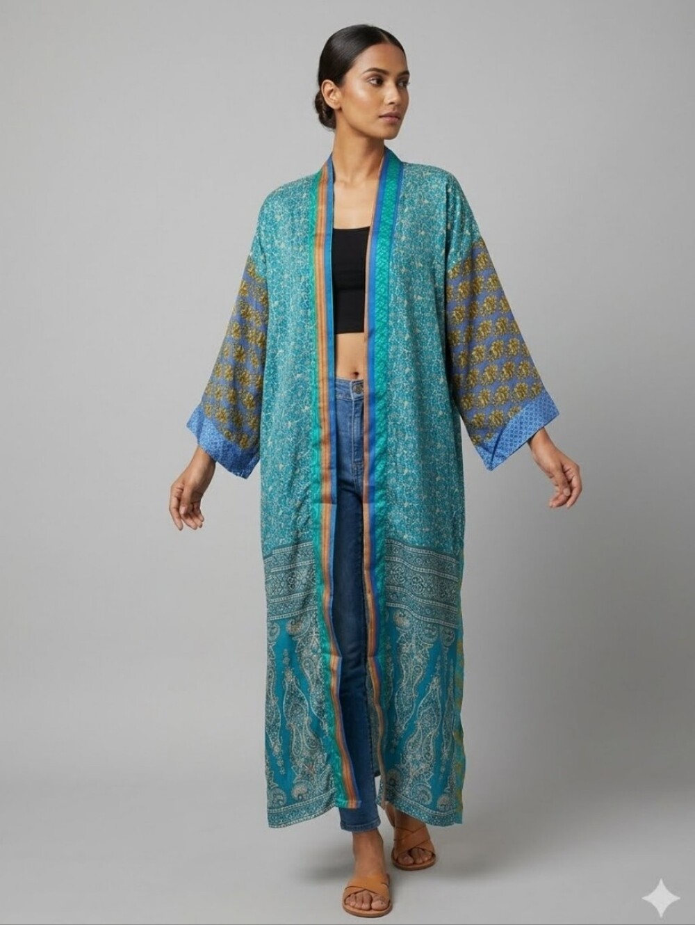 Guru For Life Upcycled Patchwork Silk Sari Kimono Duster, BNWT, One Size